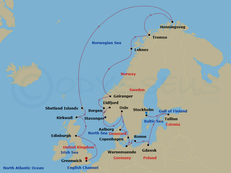 28 Night - Baltic Jewels & the Midnight Sun - Viking Libra - Starting in Stockholm, Tallinn, Sail the Baltic Sea, Gdansk, Bornholm (Ronne), Berlin (Warnemunde), Copenhagen, Alborg, Oslo, Stavanger, Eidfjord, Bergen, Geiranger, Norway, Sail the Norwegian Sea, Lofoten (Leknes), Tromso, Honningsvag, Sail the Norwegian Sea, Shetland Islands (Lerwick), Orkney Islands (Kirkwall), Edinburgh (Newhaven Harbour), Sail the North Sea, London (Greenwich) itinerary map