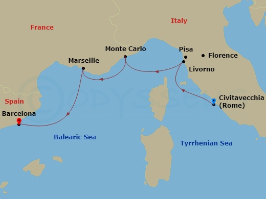 Viking Libra - 7 Night - Iconic Western Mediterranean - Viking Libra - Starting in Rome (Civitavecchia), Florence / Pisa (Livorno), Monte Carlo, Marseille, Sail the Mediterr.. itinerary map