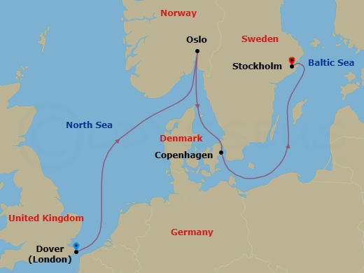 9 Night - Scandinavian Cityscapes - Seven Seas Navigator - Starting in London (Dover UK), Cruising the North Sea, Oslo, Copenhagen, Cruising the Baltic Sea, Stockholm itinerary map