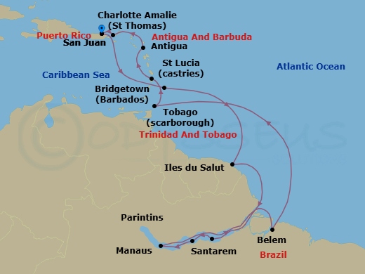 21 Night - From the Caribbean to the Amazon - Viking Sea - Starting in San Juan, Sail the Caribbean Sea, Bridgetown, Sail the Caribbean Sea, French Guiana (Iles Du Salut), Sail the Atlantic Ocean, Sail the Amazon River, Santarem, Parintins, Manaus, Sail the Amazon River, Belem, Sail the Atlantic Ocean, Scarborough, Castries, St Johns AG, Antigua, St Thomas (Charlotte Amalie), San Juan itinerary map