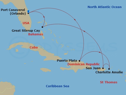 NCL Norwegian Joy - 7 Night - Eastern Caribbean - Port Canaveral - NCL Norwegian Joy - Starting in Orlando Beaches / Port Canaveral, Fl, Puerto Plata, Dominican Republic, St Thom.. itinerary map