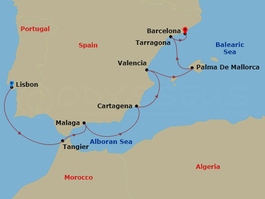 Wind Spirit - 10 Night - Treasures of Southern Spain & Morocco - Wind Spirit - Starting in Lisbon, Tangier, Malaga, Cartagena ES, Valencia, Palma De Mallorca, Tarragona, Sp.. itinerary map