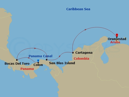 Star Pride - 6 Night - Panama's Pristine Caribbean - Star Pride - Starting in Colon, Bocas del Toro, San Blas, Panama, Cartagena CO, Oranjestad itinerary map