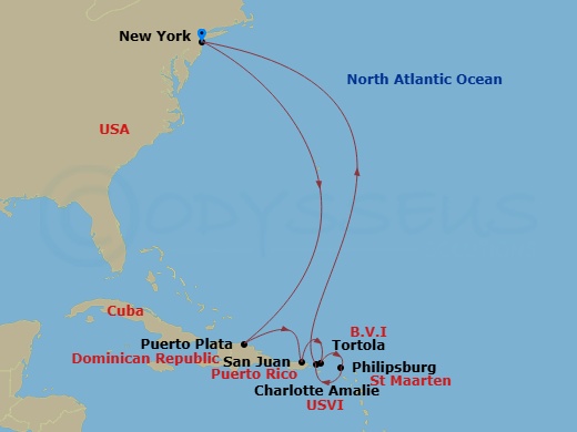 NCL Norwegian Breakaway - 11 Night - Southern Caribbean - New York - NCL Norwegian Breakaway - Starting in New York City, Ny, Puerto Plata, Dominican Republic, San Juan, Pr, Tortola, B.. itinerary map