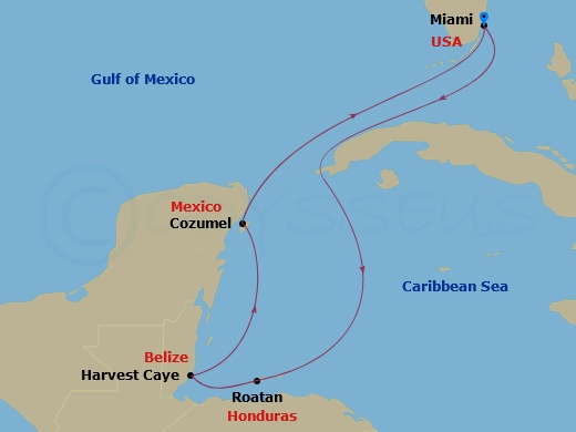 NCL Norwegian Encore - 7 Night - Western Caribbean - Miami - NCL Norwegian Encore - Starting in Miami, Fl, Roatan Bay Islands, Honduras, Harvest Caye, Belize, Cozumel, Mexico, Miami.. itinerary map