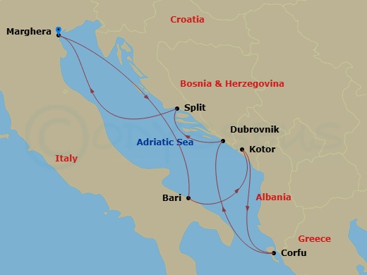 Costa Deliziosa - 7 Night - Eastern Mediterranean from Marghera - Costa Deliziosa - Starting in Marghera, Bari, Kotor, Montenegro, Corfu, Dubrovnik, Croatia, Split, Croatia, Ma.. itinerary map