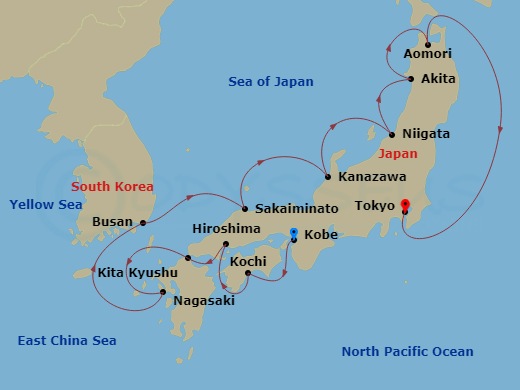 Azamara Pursuit - 14 Night - Japan Intensive : Hiroshima, Aomori & Tokyo - Azamara Pursuit - Starting in Kobe, Kochi, Hiroshima, Kitakyushu, Nagasaki, Busan, Sakaiminato, Kanaz.. itinerary map