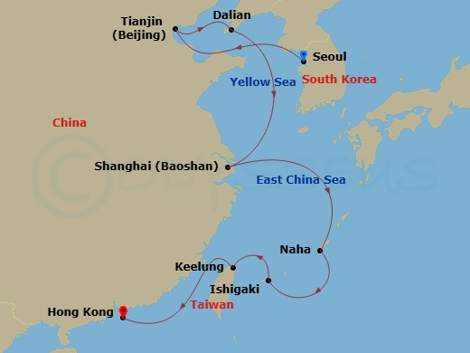 Azamara Pursuit - 15 Night - China Intensive Cruise : Beijing, Shanghai & Taipei - Azamara Pursuit - Starting in Seoul (Incheon), Beijing (Tianjin), Dalian, Shanghai, Naha, Oki.. itinerary map