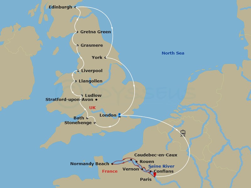 Avalon Tapestry II Cruise Tours - 15 Night - Britain Sampler with Paris to Normandy - Avalon Tapestry II Cruise Tours - Starting in London, England, London, London / Stonehenge / Bath, Bath /.. itinerary map