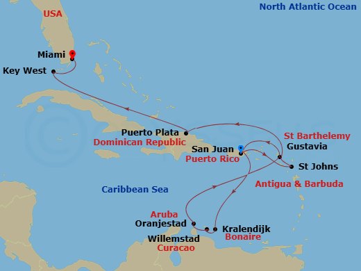 EXPLORA II - 14 Night - An Extended Journey of Tropical Radiance and Sun-Kissed Splendour - EXPLORA II - Starting in San Juan, Kralendijk, Willemstad AN, Oranjestad, Gusta.. itinerary map