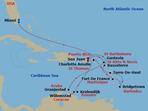 EXPLORA II - 15 Night - An Extended Journey to Abc Island Heritage and Flavour - EXPLORA II - Starting in Miami, Charlotte Amalie (Saint Thomas), Terre-De-Haut, Bridgetown.. itinerary map