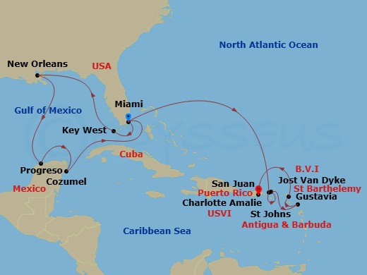 EXPLORA II - 17 Night - An Extended Journey Through Timeless Mysteries and Modern Marvels - EXPLORA II - Starting in Miami, Key West, New Orleans, Merida (Progreso), Cozum.. itinerary map