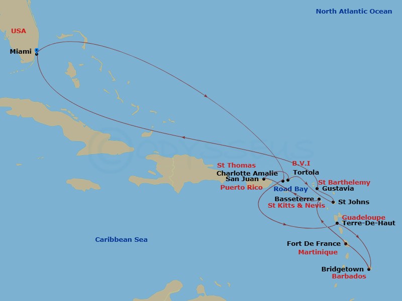 EXPLORA I - 15 Night - An Extended Journey Into the Tropical Enchantment of Caribbean Splendour - EXPLORA I - Starting in Miami, Charlotte Amalie (Saint Thomas), Terre-De.. itinerary map