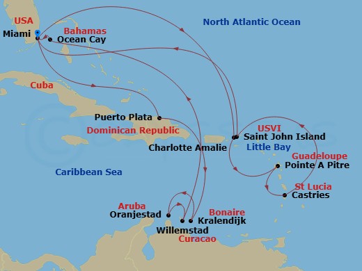 EXPLORA II - 20 Night - An Extended Journey of Island Escapes, Colourful Shores and Tranquil Retreats - EXPLORA II - Starting in Miami, Charlotte Amalie (Saint Thomas), Po.. itinerary map