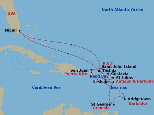 EXPLORA I - 15 Night - An Extended Journey Through Caribbean Cinematic Paradise - EXPLORA I - Starting in San Juan, Gustavia, St Johns AG, Antigua, Tortola / Road Town, R.. itinerary map