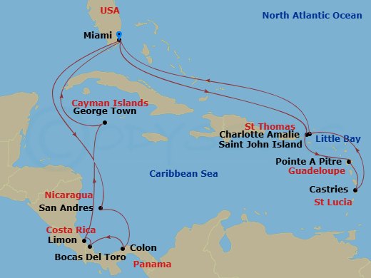 EXPLORA II - 20 Night - An Extended Journey from Panama's Gateway to Caribbean Paradise - EXPLORA II - Starting in Miami, San Andres Island, Colon, Bocas del Toro, Puerto.. itinerary map