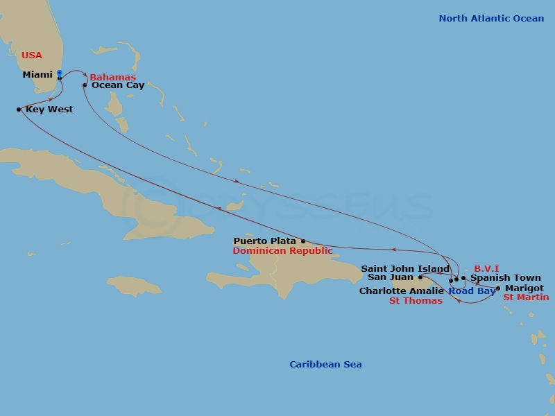 EXPLORA II - 14 Night - An Extended Journey of Caribbean Festivities and West Indies Coastal Wonders - EXPLORA II - Starting in Miami, Ocean Cay, Charlotte Amalie (Saint T.. itinerary map