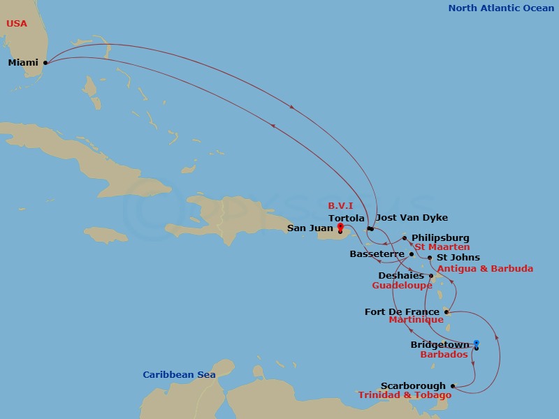 EXPLORA I - 16 Night - An Extended Journey Into Caribbean Sparkle and Joyful Celebration - EXPLORA I - Starting in Bridgetown, Tobago / Scarborough, Fort-de-France, Marti.. itinerary map