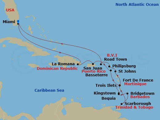 EXPLORA I - 17 Night - An Extended Journey of Caribbean Celebration and Island Bliss - EXPLORA I - Starting in Miami, La Romana, San Juan, Basseterre, Les Trois-Ilets, Be.. itinerary map