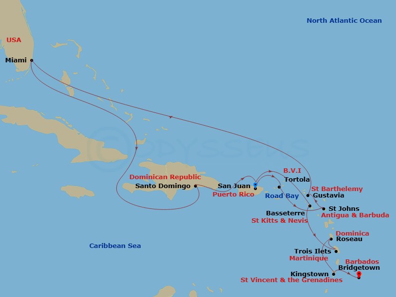 EXPLORA I - 16 Night - An Extended Journey of Bewitching Caribbean Gems - EXPLORA I - Starting in San Juan, Tortola / Road Town, St Johns AG, Antigua, Gustavia, Road Bay,.. itinerary map