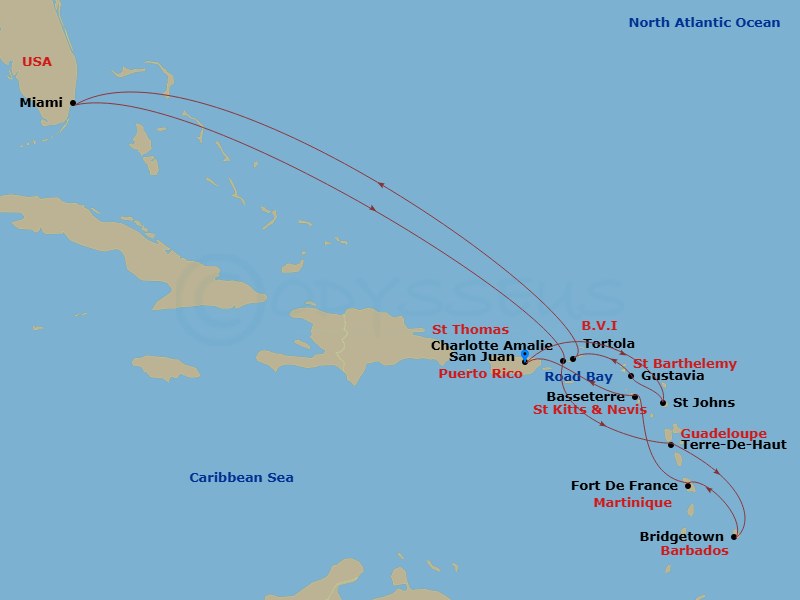 EXPLORA I - 15 Night - An Extended Journey of Soulful Sophistication and Idyllic Island Charm - EXPLORA I - Starting in San Juan, Road Bay, St Johns AG, Antigua, Gustavia.. itinerary map