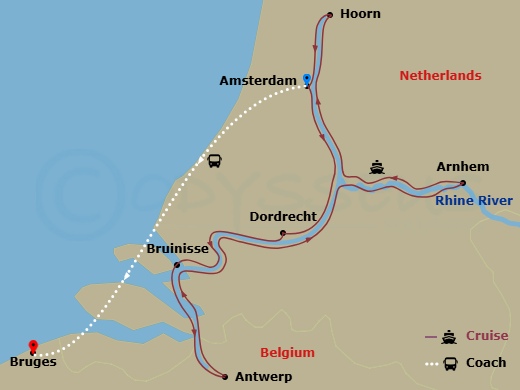 Scenic Opal - 10 Night - Windmills, Tulips & Belgian Delights with Bruges - Scenic Opal - Starting in Amsterdam, Dordrecht, Bruinisse, Antwerp, Arnhem, Hoorn, Amsterdam, Am.. itinerary map