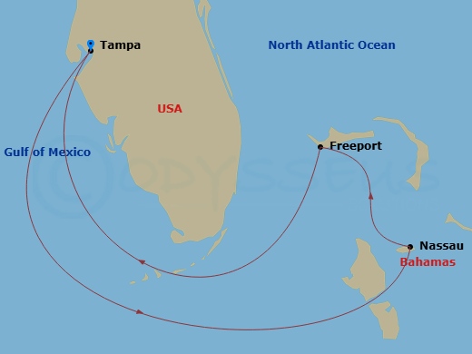 Margaritaville Islander - 5 Night - Bahamas Duo - Margaritaville Islander - Starting in Port Tampa Bay, Nassau, Bahamas, Freeport, Grand Bahama, Port Tampa Bay itinerary map