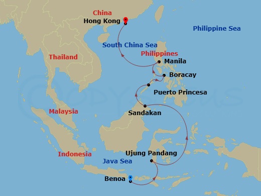 Crystal Serenity - 11 Night - Asia and Asia Pacific from Benoa to Hong Kong - Crystal Serenity - Starting in Bali, Makassar, Sandakan (Sabah), Puerto Princesa, Boracay (Malay),.. itinerary map