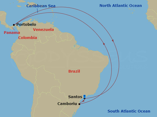 Costa Favolosa - 3 Night - South America from Santos - Costa Favolosa - Starting in Santos, Camboriu, Brazil, Portobelo, Santos itinerary map