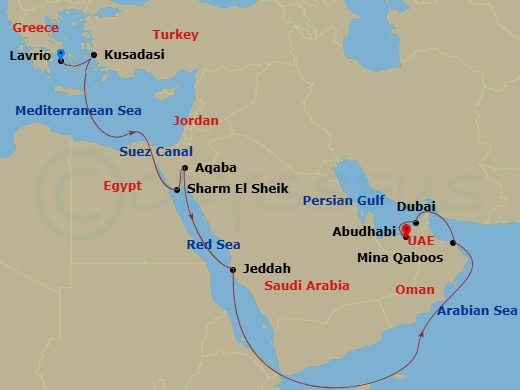 Celestyal Discovery - 14 Night - Lavrio - Abu Dhabi, Cruise - Celestyal Discovery - Starting in Lavrion, Athens, Kusadasi, Sharm El-Sheikh, Egypt, Aqaba, Jordan, Jeddah, Saudi Arab.. itinerary map
