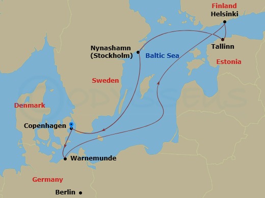 NCL Norwegian Sun - 7 Night - Europe - Baltic - NCL Norwegian Sun - Starting in Copenhagen, Denmark, Warnemunde / Berlin, Germany, Helsinki, Finland, Tallinn, Estonia, Nynashamn.. itinerary map