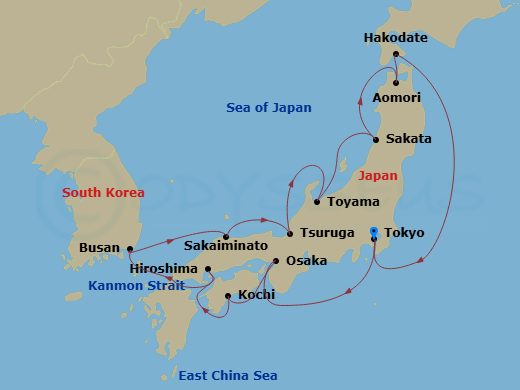 HAL Westerdam - 14 Night - Circle Japan - HAL Westerdam - Starting in Tokyo, Japan, Osaka, Japan, Kochi, Japan, Hiroshima, Japan, Scenic Cruising Kanmon Straits, Busan (Pusan.. itinerary map
