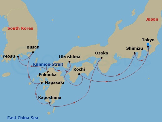 HAL Westerdam - 14 Night - Southern Japan - HAL Westerdam - Starting in Tokyo, Japan, Shimizu, Japan, Osaka, Japan, Kagoshima, Japan, Nagasaki, Japan, Busan (Pusan), South Ko.. itinerary map