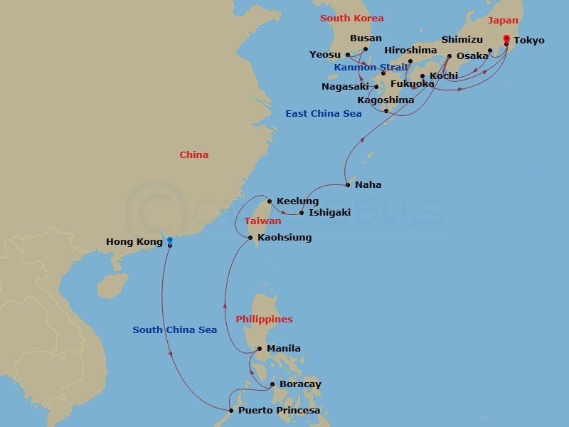 HAL Westerdam - 28 Night - the Philippines, Taiwan & Southern Japan - HAL Westerdam - Starting in Hong Kong, China, Puerto Princesa, Philippines, Boracay, Philippines, Manila.. itinerary map