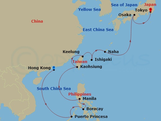 HAL Westerdam - 14 Night - the Philippines, Taiwan & Japan - HAL Westerdam - Starting in Hong Kong, China, Puerto Princesa, Philippines, Boracay, Philippines, Manila, Philipp.. itinerary map