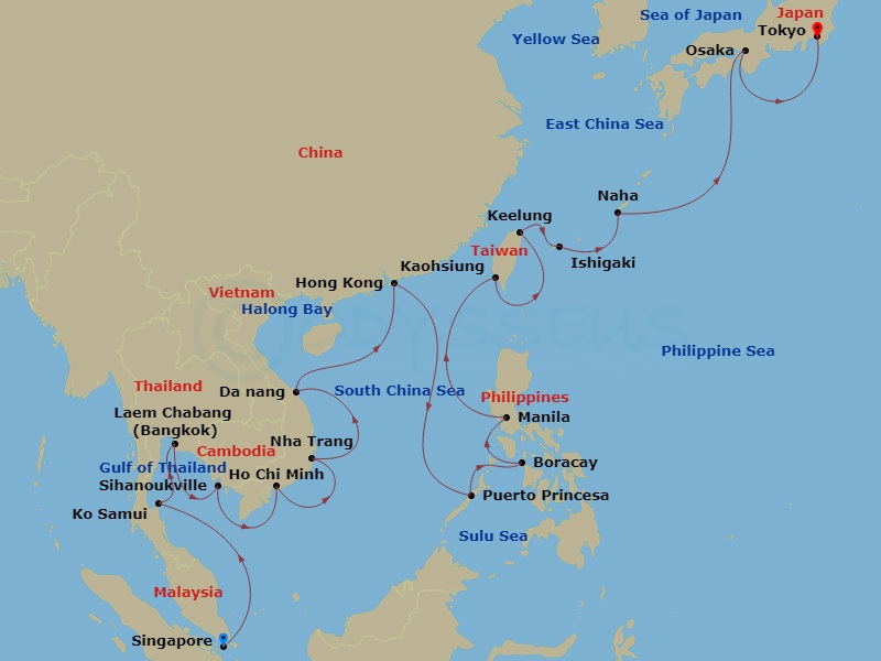 HAL Westerdam - 28 Night - Southeast Asia, the Philippines, Taiwan & Japan - HAL Westerdam - Starting in Singapore, Nathon (Koh Samui), Thailand, Laem Chabang (Bangkok), Thai.. itinerary map