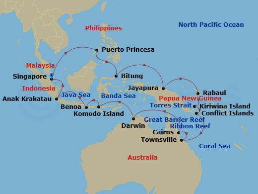 HAL Westerdam - 28 Night - Legendary Coral Triangle & Great Barrier Reef - HAL Westerdam - Starting in Singapore, Puerto Princesa, Philippines, Bitung, Sulawesi, Indonesia, J.. itinerary map