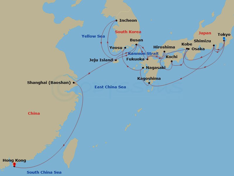 HAL Westerdam - 29 Night - Japan, South Korea & China Discovery - HAL Westerdam - Starting in Tokyo, Japan, Shimizu, Japan, Kagoshima, Japan, Nagasaki, Japan, Yeosu, South Ko.. itinerary map