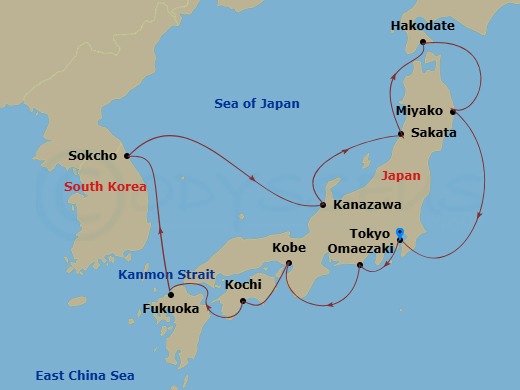 HAL Westerdam - 13 Night - Circle Japan - HAL Westerdam - Starting in Tokyo, Japan, Omaezaki, Japan, Kobe, Japan, Kochi, Japan, Scenic Cruising Kanmon Straits, Fukuoka (Hakat.. itinerary map