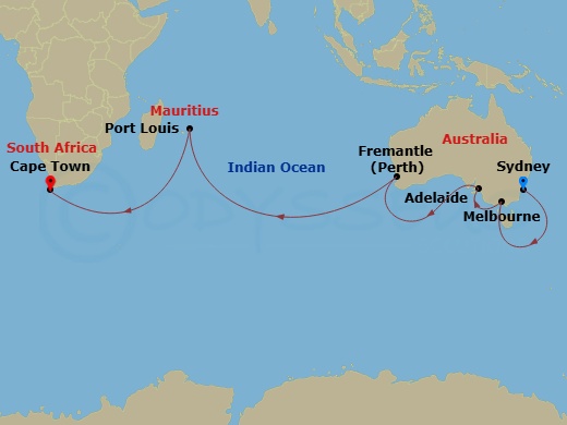 Crown Princess - 22 Night - World Cruise Segment - Sydney to Cape Town - Crown Princess - Starting in Sydney AU, Melbourne, Australia, Adelaide, Australia, Perth (Fremantle),.. itinerary map