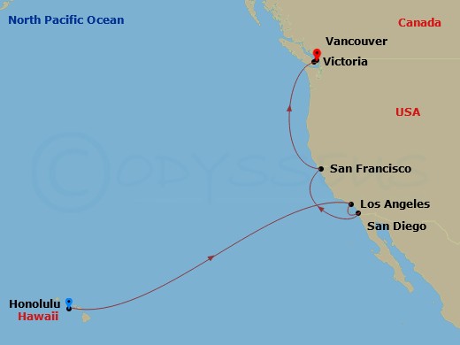 Royal Princess - 12 Night - Pacific Crossing : Honolulu to British Columbia - Royal Princess - Starting in Honolulu, Hawaii, Los Angeles, California, San Diego, California, Sa.. itinerary map