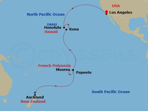 Royal Princess - 20 Night - Tahiti, Hawaii & South Pacific Crossing - Royal Princess - Starting in Auckland, New Zealand, Cross International Date Line, Tahiti (Papeete), Fren.. itinerary map