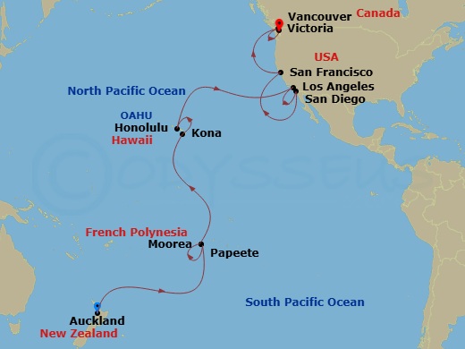 Royal Princess - 26 Night - Tahiti, Hawaii & South Pacific Crossing - Royal Princess - Starting in Auckland, New Zealand, Cross International Date Line, Tahiti (Papeete), Fren.. itinerary map