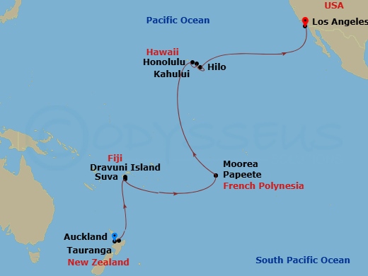 Crown Princess - 24 Night - Tahiti, Hawaii & South Pacific Crossing - Crown Princess - Starting in Auckland, New Zealand, Tauranga, New Zealand, Suva, Fiji, Dravuni Island, Fi.. itinerary map