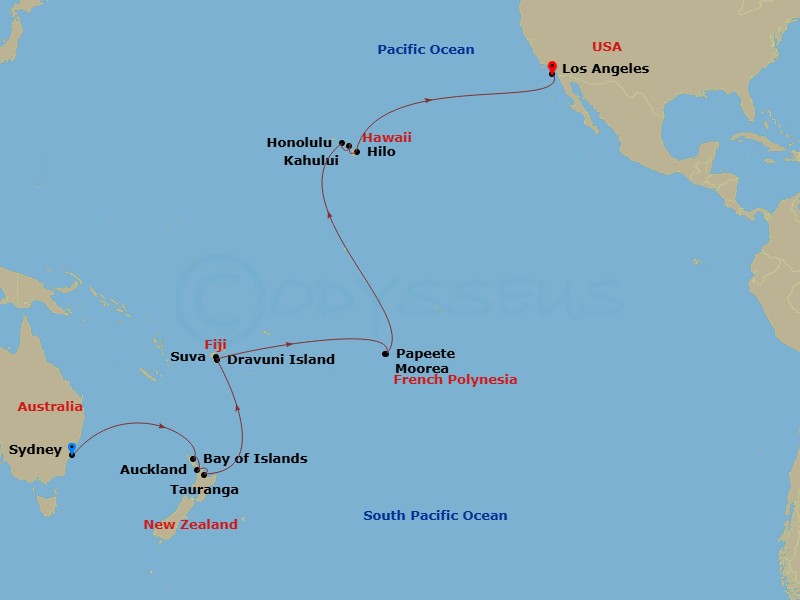 Crown Princess - 29 Night - Tahiti, Hawaii & South Pacific Crossing - Crown Princess - Starting in Sydney AU, Bay of Islands, New Zealand, Auckland, New Zealand, Tauranga, New.. itinerary map