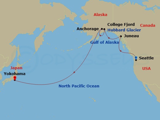 Royal Princess - 15 Night - Alaska & North Pacific Crossing - Royal Princess - Starting in Seattle, Washington, Juneau, Alaska, Hubbard Glacier (Scenic Cruising), Alaska, Coll.. itinerary map
