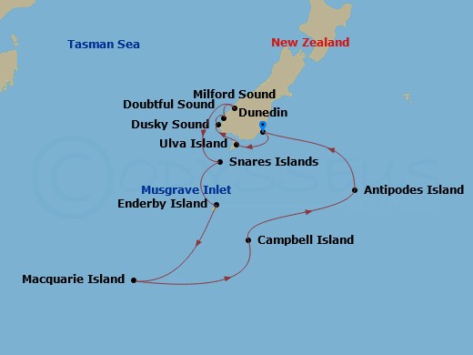 Le Soleal - 14 Night - Expedition to New Zealand's Subantarctic Islands - Le Soleal - Starting in Dunedin, Ulva Island, Dusky Sound, Doubtful Sound, Milford Sound, Snares.. itinerary map
