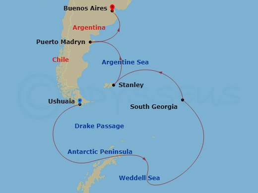 L'Austral - 18 Night - Journey to Austral Lands and Valdes Peninsula - L'Austral - Starting in Ushuaia, Crossing the Drake Passage, The Weddell Sea, Antarctic Peninsula,.. itinerary map