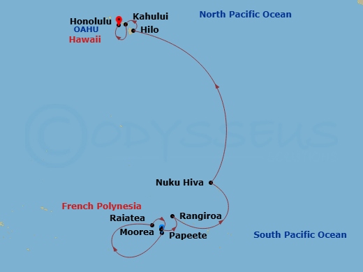 Silver Whisper - 14 Night - Papeete to Honolulu - Silver Whisper - Starting in Papeete (Tahiti), Raiatea, Moorea Island, Rangiroa, Nuku Hiva, Marquesas Islands, Hilo, Hawaii,.. itinerary map
