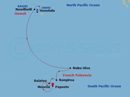 Silver Whisper - 14 Night - Honolulu to Papeete - Silver Whisper - Starting in Honolulu, Oahu, Hawaii, Nawiliwili, Kauai, Hawaii, Nuku Hiva, Marquesas Islands, Rangiroa, Moore.. itinerary map